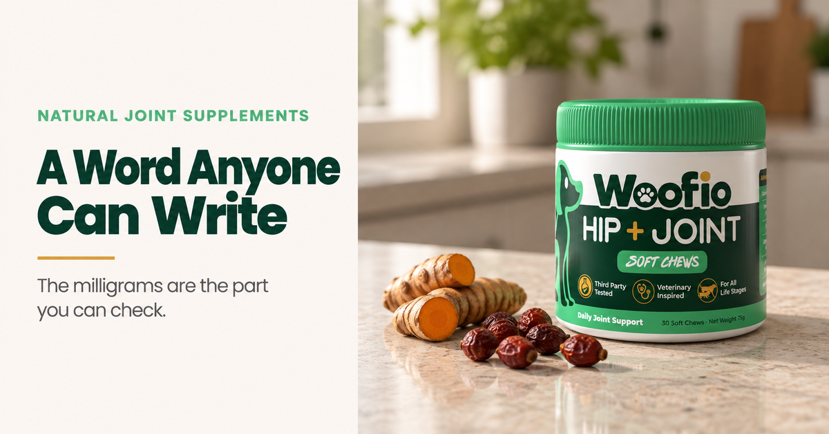 A tub of Woofio Hip + Joint Soft Chews on a kitchen bench beside turmeric root and rosehips