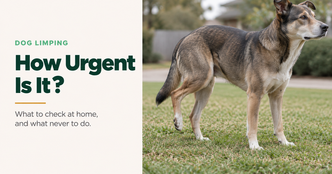 A dog standing on a suburban lawn with one hind paw resting lightly on the toe